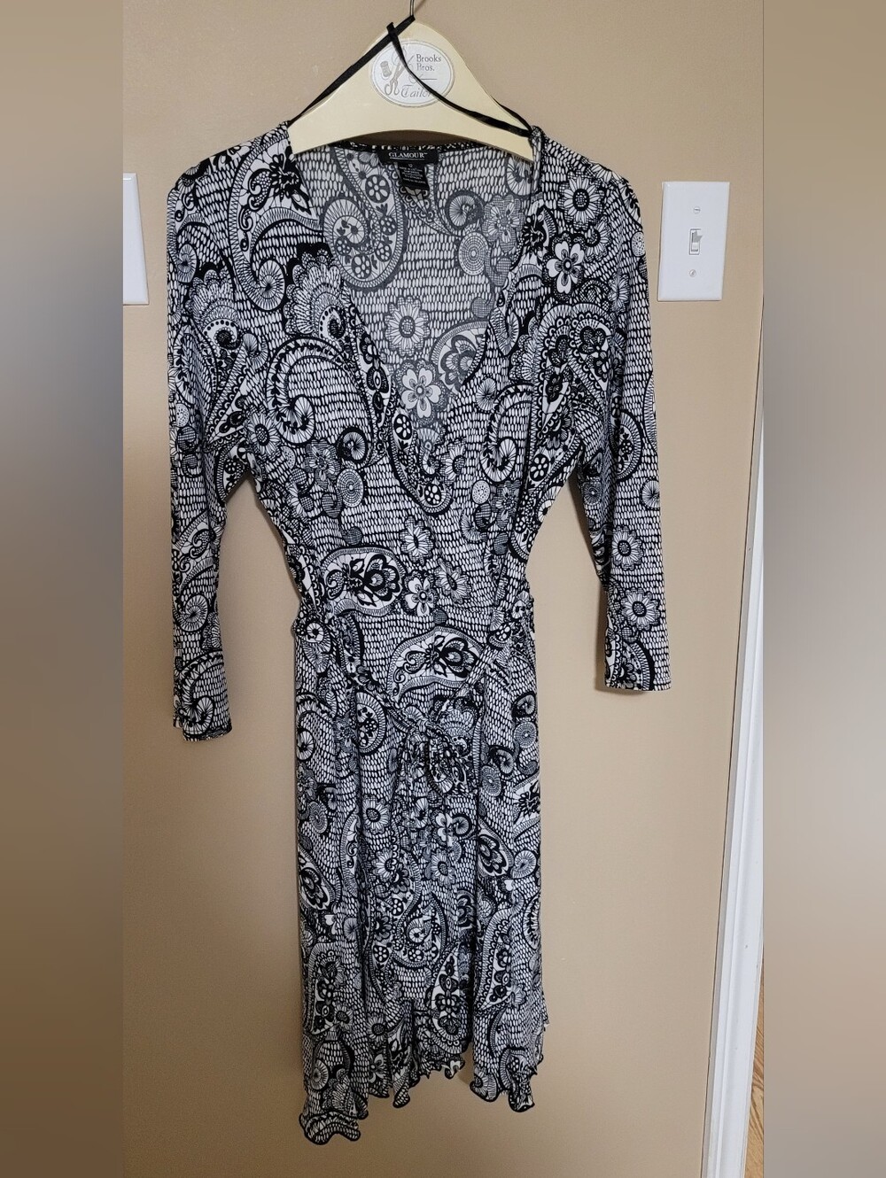 Glamour Black and White Paisley Midi Wrap Style Dress
